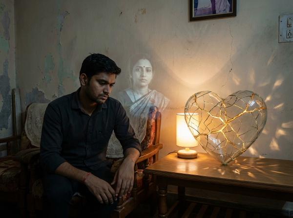 ஒரு இளைஞன் தனது உறவில் ஏற்பட்ட விசுவாசமின்மையின் காயத்தை சமாளிக்கும் நிலையில், மன்னிப்பு மற்றும் நம்பிக்கையை மீண்டும் கட்டியெழுப்பும் செயல்முறையை ஒரு உடைந்த இதயம் தங்க பசையால் சரி செய்யப்படுவது போல் காட்டப்படுகிறது.