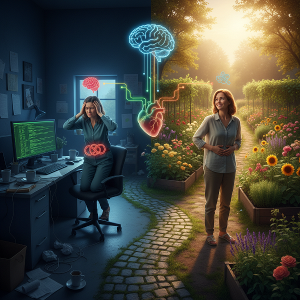 மரியா என்ற பெண் அழுத்தமான மென்பொருள் பணியிடத்திலிருந்து அமைதியான தோட்டக்கலைத் துறைக்கு மாறும் குறுக்குவழியில் நிற்கிறாள். மன-உடல் தொடர்பைக் குறிக்கும் ஒரு சின்னம் மையத்தில் உள்ளது.