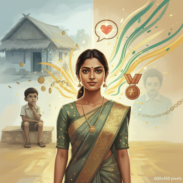 ஒரு இளம் பெண், அவரது குழந்தைப் பருவ சவால்களிலிருந்து வரும் ஆற்றலை, தற்போதைய தொடர்புத் திறன் மற்றும் தலைமைக் குணங்களாக மாற்றிக்கொள்வதைக் காட்டும் நம்பிக்கை மற்றும் வளர்ச்சியின் காட்சி.