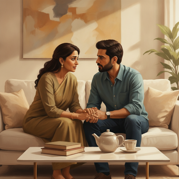 30 வயது பெண் தன் காதலருடன் மென்மையாக உரையாடும் காட்சி, அவரது கவலைகளை அக்கறையுடன் கேட்கிறாள், இருவரும் அமர்ந்து பேசிக்கொண்டிருக்கிறார்கள், போன்கள் இல்லை, சூடான நிறங்கள்.