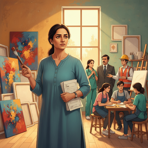 ஓவியர் தீபா, தனது குடும்பத்தின் எதிர்ப்பையும் சந்தேகங்களையும் மீறி, ஒரு புதிய கலைக்கூடத்தைத் தொடங்கும் முடிவை எடுக்கிறார். படத்தில், அவர் ஒரு வணிகத் திட்டத்துடன் நிற்கிறார், பின்னணியில் குடும்ப உறுப்பினர்கள் உள்ளனர். பழைய ஓவியங்களுக்கும் புதிதாக அமைக்கப்படும் கலைக்கூடத்திற்கும் இடையே உள்ள மாற்றத்தை இது காட்டுகிறது, இது தனிப்பட்ட வளர்ச்சி மற்றும் உறுதியைக் குறிக்கிறது.