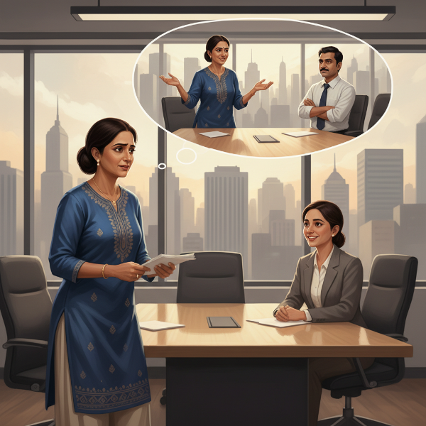 தீபா என்ற 46 வயது பெண், புதிய நகரப் பணியிடத்தில் தன்னம்பிக்கையைக் கண்டறியும் பயணத்தைச் சித்தரிக்கும் படம். கூட்டத்தில் பதட்டத்துடன் நின்றாலும், அவள் மனக்கண்ணில் தைரியமாக பேசும் தன்னைக் காண்கிறாள்.