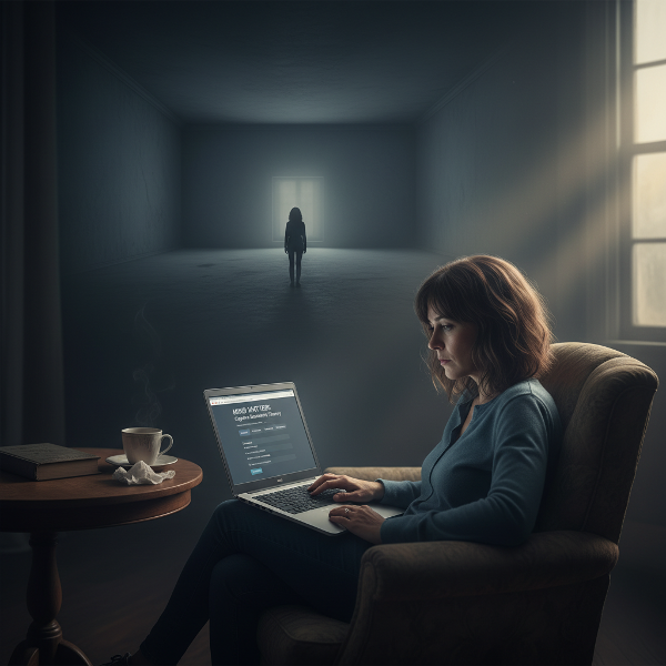 ஒரு பெண் மனச்சோர்வு மற்றும் அக்கறையின்மையுடன் ஒரு ஆன்லைன் உளவியல் வலைத்தளத்தை நோக்கி உட்கார்ந்திருக்கிறார். பின்னணியில் அவரது விழிப்புணர்வு கனவின் காட்சி தெரிகிறது.