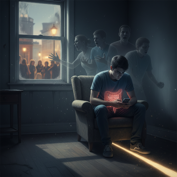 இளைஞர் ஒருவர் தனிமையில் ஸ்மார்ட்போனைப் பார்த்தவாறு, பின்னணியில் கடந்த கால குடும்ப வன்முறையின் நிழல்கள், வயிற்றில் எரிச்சல் குடல் நோயின் அடையாளம். வெளியே சமூகத்துடன் மீண்டும் இணையும் நம்பிக்கையின் ஒளிப்பாதை.