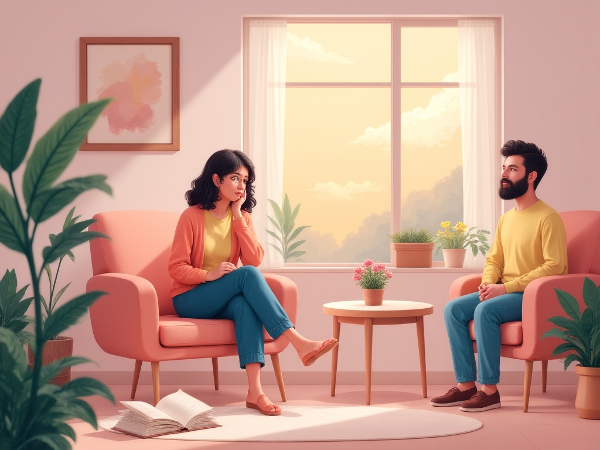 ஒரு பெண்ணுக்கு குடும்ப ஆதரவு, உளவியல் ஆலோசனைக்கான குறியீடுகள், மற்றும் நம்பிக்கையைக் குறிக்கும் வைகறை வெளிச்சம் ஆகியவற்றை இணைத்து மனச்சோர்வைச் சமாளிக்க உதவும் அமைதியான காட்சி.