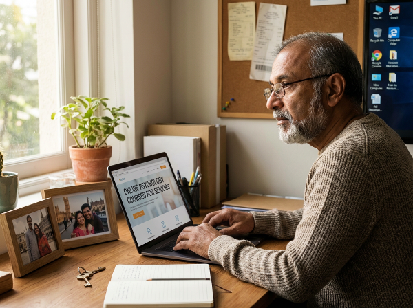 63 வயது மகேஷ், புதிய ஆன்லைன் உளவியல் ஆலோசனைத் தளத்தைத் தொடங்கும் பாதையில், வீட்டு அலுவலகத்தில் அமர்ந்து யோசனையில் ஆழ்ந்திருக்கிறார். கடந்த கால அனுபவத்தையும் எதிர்கால நம்பிக்கையையும் ஒருங்கிணைக்கும் காட்சி.