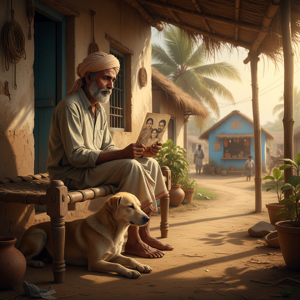 ஓய்வு பெற்ற விவசாயி விஷ்ணு, தனது சின்ன வீட்டின் திண்ணையில் அமர்ந்து மனைவி மற்றும் மகளின் புகைப்படத்தைப் பார்த்துக்கொண்டிருக்கிறார். அவரது நாய் அவருக்கு ஆதரவாக அருகில் உள்ளது. வெளியே கிராமத்தின் சாலையும், தொலைவில் ஒரு சின்ன கடையும் தெரிகிறது. இந்தக் காட்சி தனிமை, நினைவுகள் மற்றும் வீட்டின் பாதுகாப்புக்கும் வெளியே உலகத்திற்கும் இடையேயான மனப்போராட்டத்தை சித்தரிக்கிறது.