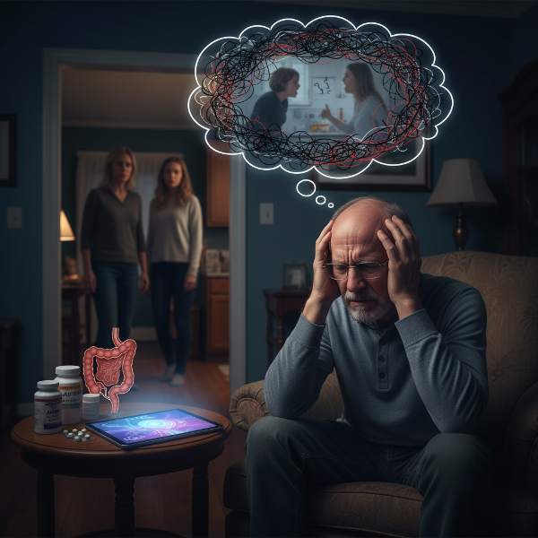 ஒரு 62 வயது நபர் ADHD, கோபம், எரிச்சல் குடல் நோய் மற்றும் தூக்கமின்மையால் பாதிக்கப்பட்டு, குடும்பத்திலிருந்து விலகி தனிமையில் உணரும் காட்சி.