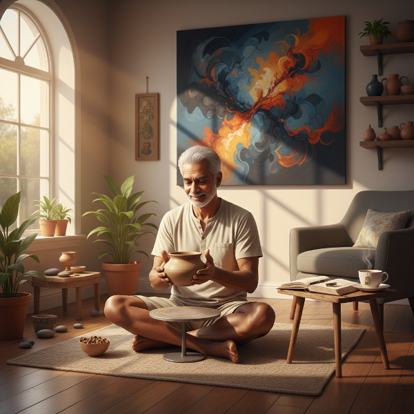 ஒரு முதியவர் கலைசிகிச்சை மூலம் மன அமைதியை நோக்கி பயணிக்கும் காட்சி.