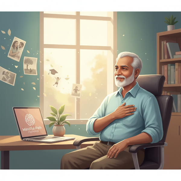 ஒளி உளவியலாளரின் ஆலோசனையைப் பெற்று, பழைய நினைவுகளிலிருந்து விடுபட்டு, புதிய தொடக்கத்தை நோக்கி அமைதியாக முன்னேறும் ஒரு முதிய ஆணின் நம்பிக்கை நிறைந்த காட்சி.