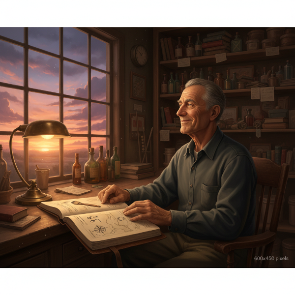 ஒரு 60 வயது நபர் தனது கடையில் அமர்ந்து, இளமைக் கனவுகளை நினைவுகூரும் ஒரு சோகமான மாலை நேரக் காட்சி. வெளியே அழகான சூரிய அஸ்தமனம், உள்ளே ஒரு பழைய நாடா மற்றும் மென்மையான வெளிச்சம், வாழ்க்கையின் புதிய அத்தியாயத்தைத் தேடும் பிரதிபலிப்பு மற்றும் நம்பிக்கையின் உணர்வை வெளிப்படுத்துகிறது.