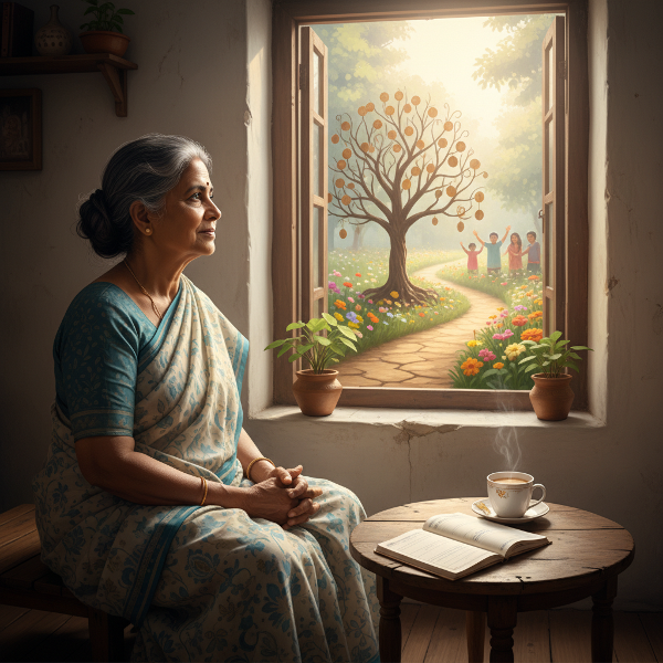 ஒரு மூத்த பெண் நிதி அழுத்தத்திலிருந்து வெளியேறி, ஆதரவு மற்றும் நம்பிக்கையை நோக்கி ஒரு பாதையைக் காணும் காட்சி.