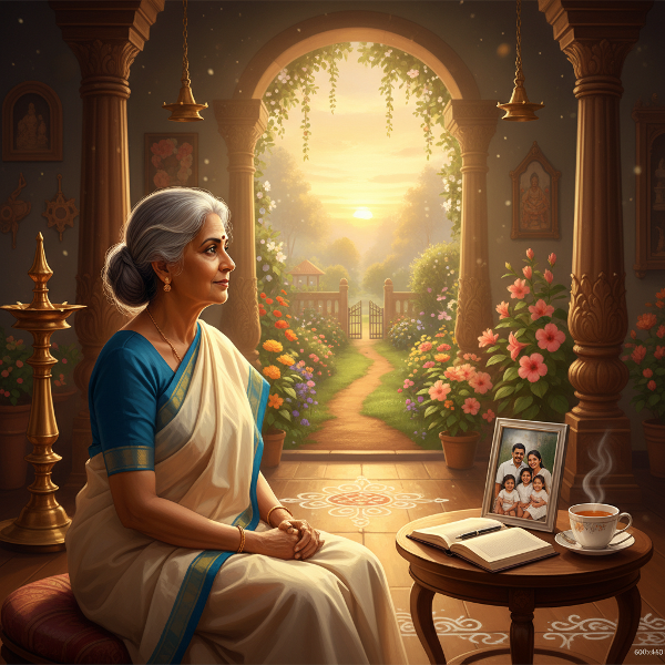 மீனாட்சி என்ற 62 வயது பெண் ஒருவர், மன அமைதியுடன் ஒரு வெயிலொளி நிறைந்த அறையில் அமர்ந்திருக்கிறார். சாளரத்தின் வழியே பார்க்கும் போது, ஒரு பூந்தோட்டம் காட்சியளிக்கிறது. பக்கத்தில் குடும்ப புகைப்படம், எழுதும் புத்தகம் மற்றும் தேநீர் கோப்பை உள்ளன. இது தனிமையிலிருந்து புதிய தொடக்கத்திற்கான நம்பிக்கையைக் காட்டுகிறது.