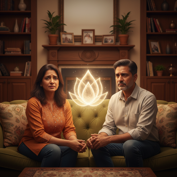 46 வயது ஆணும் அவரது மனைவியும் மன அழுத்தத்துடன் உரையாடும் காட்சி, மாற்றத்தை குறிக்கும் ஒளி அவர்களுக்கு இடையே உள்ளது.
