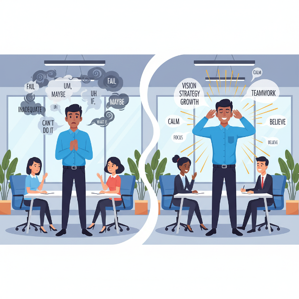 ஒரு இளம் தொழில்முனைவோர் தனது குழுவினர் முன் பேசும் போது அடையும் மன அழுத்தத்தையும், ஆழ்மூச்சு மற்றும் நம்பிக்கை மூலம் அதை எவ்வாறு சமாளிக்க முடியும் என்பதையும் காட்டும் படம்.