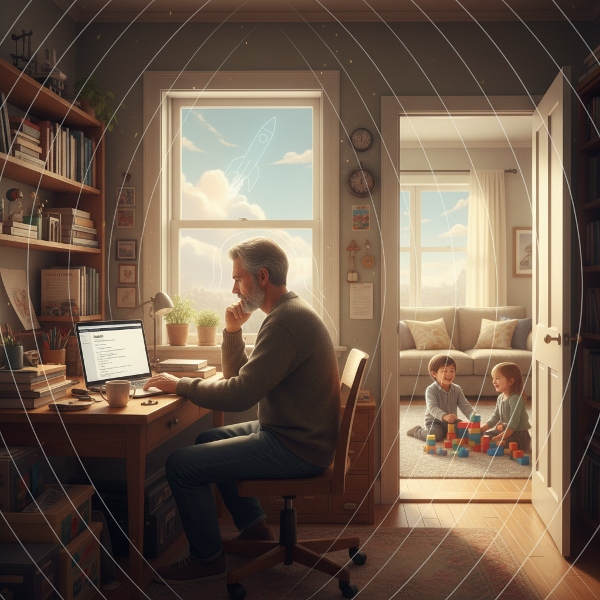 முன்னாள் விண்வெளி பொறியாளரான தந்தை, வீட்டு அலுவலகத்தில் வேலையின்மை மற்றும் அடைப்பு பய உணர்வுகளை சமாளிக்கும் நிலையில், அவரது தத்தெடுக்கப்பட்ட குழந்தைகள் அருகிலுள்ள அறையில் மகிழ்ச்சியாக விளையாடுவதைக் காண்கிறார். சுவர்களின் மென்மையான வளைவு அவரது உள் பயத்தைக் குறிக்கிறது, ஆனால் வெளிச்சம் மற்றும் திறந்த கதவு நம்பிக்கையைத் தருகிறது.