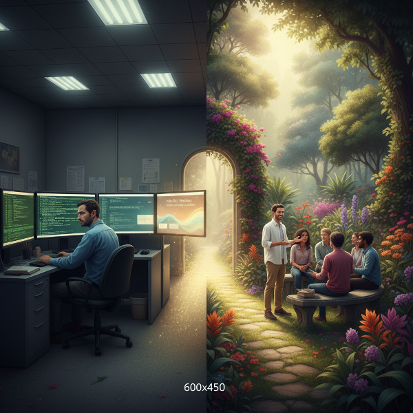 ஒரு மனிதர் சோர்வான அலுவலகத்தில் இருந்து, தனது ஆன்லைன் உளவியல் தளத்தின் மூலம் புதிய அர்த்தமுள்ள வாழ்க்கை நோக்கி ஒரு பாதையில் செல்வதைக் காட்டும் படம்.