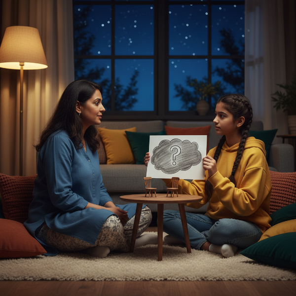 ஒளி உளவியலாளரின் ஆலோசனைப்படி, ஒரு தாயும் அவரது தத்தெடுக்கப்பட்ட மகளும் பாதுகாப்பான சூழலில் 'வெற்று நாற்காலி' நுட்பம் மூலம் உணர்ச்சிகளை வெளிப்படுத்தும் காட்சி.