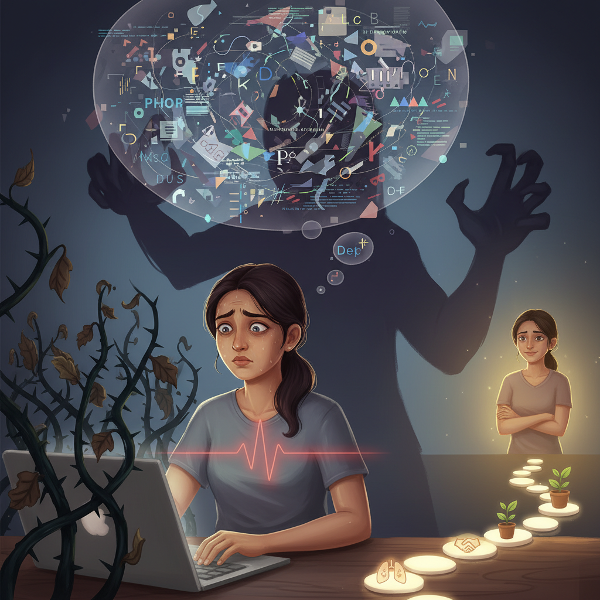 ஒரு கிராபிக் டிசைனரின் படைப்பு தடை மற்றும் வேலை பயத்தை சித்தரிக்கும் படம். ஒரு புறம் கவலை மற்றும் அச்சம்; மறுபுறம் சுய-கவனிப்பு, ஆதரவு மற்றும் சிறிய வெற்றிகளின் வழி அமைதியை நோக்கி செல்கிறது.