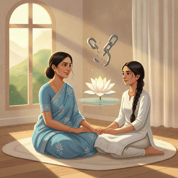 மீரா தனது மகளுடன் அமைதியாக அமர்ந்து, கடந்த கால துயரங்களை கடந்து, புதிய நம்பிக்கையுடன் ஒளிரும் காட்சி.