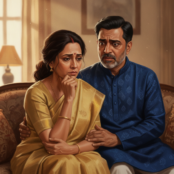 மாதவிடாய் நிறுத்தத்தால் பாலியல் ஆர்வம் குறைந்த பெண்ணும், புரியாமல் எரிச்சலடையும் கணவரும் அமர்ந்து உரையாடும் காட்சி.