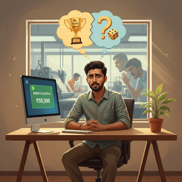 ஒரு இளம் தொழிலதிபர் தனது வெற்றியைத் தானே சந்தேகிக்கும் உள் மனப்போராட்டத்தை சித்தரிக்கும் படம். அவரது கடின உழைப்புக்கும் 'வெறும் அதிர்ஷ்டம்' என்ற எண்ணத்திற்கும் இடையேயான போராட்டம் காட்சிப்படுத்தப்பட்டுள்ளது.