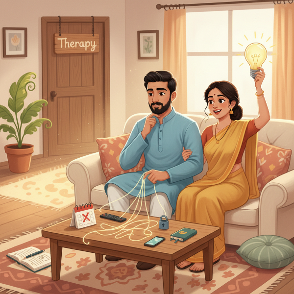 ஒரு இளைஞன் தன் கட்டுப்பாட்டு போக்கை விட்டுவிட, மனைவியுடன் சேர்ந்து வளர்ச்சி பாதையில் நடக்கிறான்; உளவியல் சிகிச்சை வழிகாட்டுகிறது.