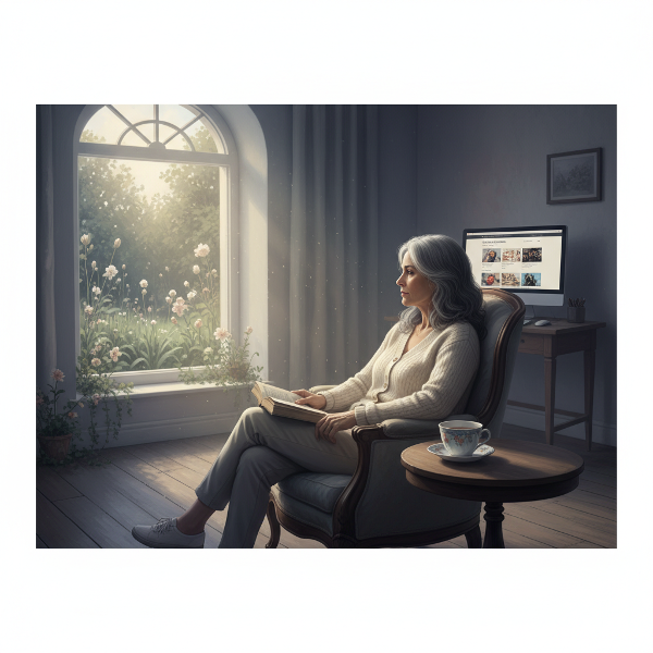 ஒரு 59 வயது பெண் அமைதியான அறையில் தனியாக அமர்ந்து, தோட்டத்தை நோக்கி பார்த்துக்கொண்டிருக்கிறார். புத்தகம் மற்றும் தேநீர் கோப்பை இருந்தாலும், வெறுமை மற்றும் சுவையின்மையை உணர்த்தும் காட்சி. மெல்லிய சூரிய ஒளி நம்பிக்கையைக் காட்டுகிறது.