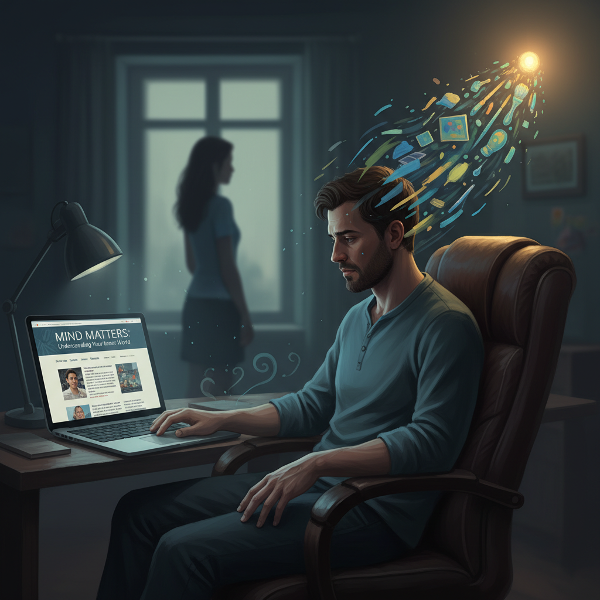 ஒரு 35 வயது ஆண் தனிமையாக அமர்ந்து, மன அழுத்தத்துடன் மனநல வலைத்தளத்தை பார்த்துக்கொண்டிருக்கிறார். சந்தேகம் மற்றும் தனிமை நிழல்கள் சூழ்ந்துள்ளன. பின்னணியில் அவரது மனைவியின் மங்கிய படம் காணப்படுகிறது. கலை சிகிச்சையைக் குறிக்கும் வண்ணத் தூரிகைகள் ஒரு மங்கிய ஒளியிலிருந்து வெளிப்படுகின்றன, மன அமைதிக்கான வழியை சுட்டிக்காட்டுகின்றன.