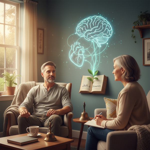 ஒரு ஆண் உளவியல் ஆலோசகரிடம் சிகிச்சை பெறும் காட்சி. மன-உடல் தொடர்பு, செய்திறன் மிகைப்பு மற்றும் மனதை கவனித்தல் ஆகிய கருத்துக்களை காட்சிப்படுத்தும் அமைதியான சூழல்.