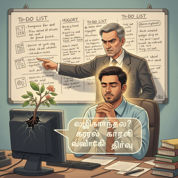 ஒரு இளைஞர் அலுவலகத்தில் மன அழுத்தத்தில் இருந்து மூச்சுப் பயிற்சி மூலம் அமைதியை நோக்கி செல்வதையும், எதிர்மறை சூழ்நிலையை நேர்மறையான தொடர்பு மூலம் நிர்வகிப்பதையும் சித்தரிக்கும் படம்.