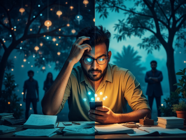 ஒரு நபர் வேலை அழுத்தத்திலும் ஸ்மார்ட்போன் பயன்பாட்டிலும் சிக்கி, கோபத்தால் பாதிக்கப்படுகிறார். மறுபுறம், ஆழ்மூச்சு மற்றும் பதிவேடு எழுதுதல் போன்ற நடைமுறைகள் மூலம் அமைதியை நோக்கி செல்வதை படம் காட்டுகிறது.