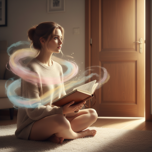 ஒரு இளம் பெண் உணர்ச்சிப் புயல்களுக்கு நடுவே அமைதியைத் தேடுகிறாள். சுற்றியுள்ள மாறும் நிறங்கள் மன அலைகளைக் குறிக்கின்றன. பின்னணியில் ஒரு நிலையான ஒளி ஆரோக்கியமான உறவைச் சுட்டிக்காட்டுகிறது.