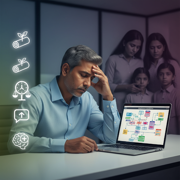 வேலை மாற்றத்தால் ஏற்பட்ட மன அழுத்தத்தையும், அதை நிர்வகிக்க உதவும் யோகா, நேர மேலாண்மை, குடும்பத் தொடர்பு போன்ற வழிமுறைகளையும் ஒரே காட்சியில் காட்டும் படம்.