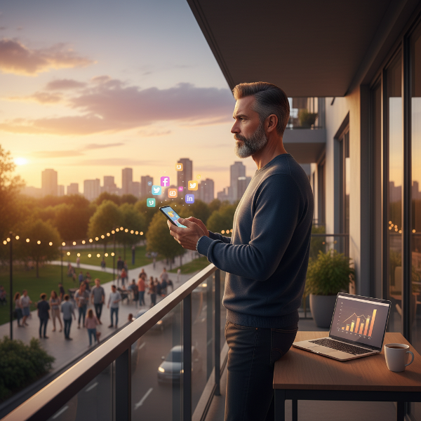 ஒரு நடுத்தர வயது ஆண் புதிய நகர வாழ்க்கையில் தனிமையை உணர்ந்து, சமூக ஊடகங்களில் இருந்து உண்மையான தொடர்புகளின் நோக்கில் மாறும் கணம்.