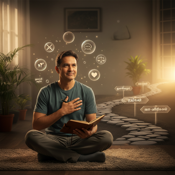 ஐம்பது வயது ஆண் ஒருவர் உணர்ச்சி சுயஅறிவு, உறவு மோதல்கள் மற்றும் தனிப்பட்ட வளர்ச்சி பயணத்தை சிந்திக்கும் காட்சி. அவர் பதிவேடு எழுதுகிறார், சிந்தனைக் குமிழ்கள் மூலம் சவால்களையும், பின்னணியில் வளர்ச்சிப் பாதையையும் காணலாம்.