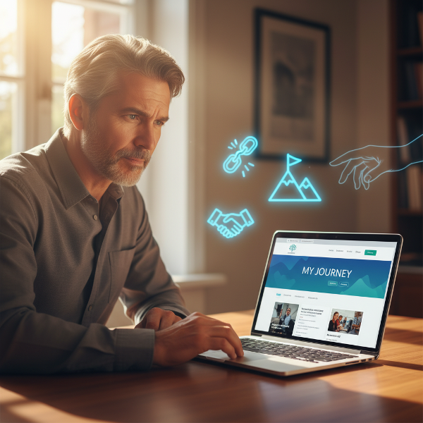 45 வயது ஆண் ஒருவர் புதிய ஆன்லைன் உளவியல் ஆலோசனை வலைத்தளத்தை தொடங்கும் நிலையில் சிந்தனையில் ஆழ்ந்திருக்கிறார். கணினித் திரையில் வலைத்தள இடைமுகமும், வெளிச்சமும் நம்பிக்கையைக் குறிக்கிறது.