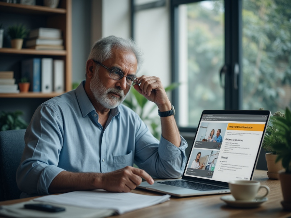 ஒரு 50 வயது ஆண், புதிய ஆன்லைன் உளவியல் வலைத்தளத்தை நிர்வகிக்கும் போது வேலை மாற்றம் மற்றும் பதட்டத்தால் ஏற்படும் மன அழுத்தத்தை சமாளிக்கும் காட்சி.