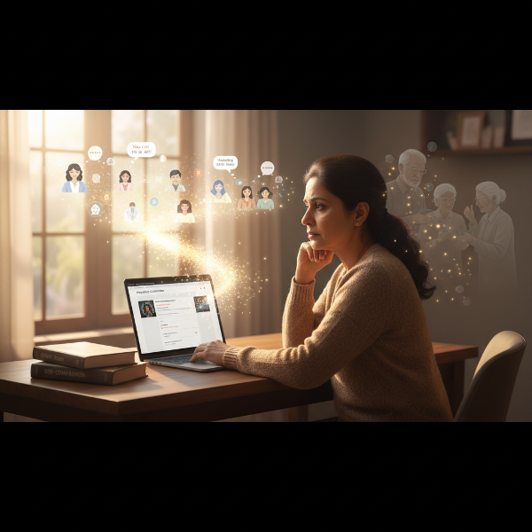 58 வயது மீனா, ஆன்லைன் உளவியல் ஆலோசனைத் தொடங்கிய நிலையில், பழைய குடும்பப் பொறுப்புகளிலிருந்து விடுபட்டு, புதிய தொழில் பாதை மற்றும் சுய முன்னேற்றத்தை நோக்கி முன்னேறுகிறாள்.