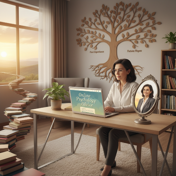 ஒரு 56 வயது பெண் புதிய ஆன்லைன் உளவியல் ஆலோசனைத் தொழிலைத் தொடங்கி, தன் கடந்தகால அனுபவம், தற்போதைய திறன்கள் மற்றும் எதிர்கால நம்பிக்கைகளைச் சமநிலைப்படுத்தும் சுய கண்டுபிடிப்புப் பயணத்தில் ஈடுபட்டிருக்கிறார்.