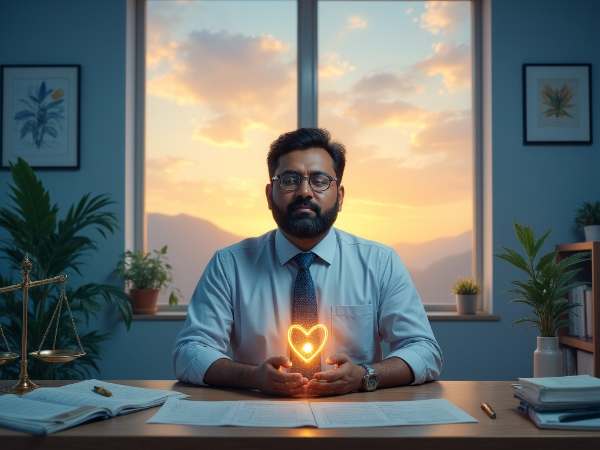 52 வயது வேத்ரி அலுவலகத்தில் அமைதியாக உட்கார்ந்து, சுவாசப் பயிற்சி செய்து, வேலை மற்றும் தனிப்பட்ட வாழ்க்கையின் சமநிலையைக் காண முயலும் காட்சி.