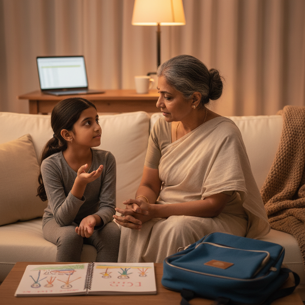 ஒரு பாதுகாப்பான வீட்டுச் சூழலில், தாயும் மகளும் உணர்வுகளைப் பகிர்ந்து கொள்கிறார்கள். தொலைதூர வேலையின் சவால் இருப்பினும், கவனமான உரையாடல் மற்றும் நல்ல உறவு முக்கியம் என்பதை படம் காட்டுகிறது.