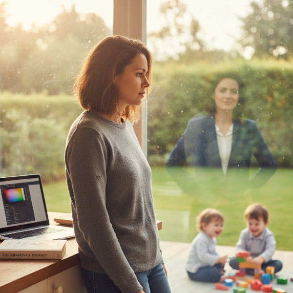 ஒரு இளம் தாய் சமையலறையில் தனது பிரதிபிம்பத்தை உற்றுநோக்கி, சுயமரியாதையையும் அடையாளத்தையும் மீண்டும் கண்டுபிடிக்கும் நம்பிக்கையான தருணம்.