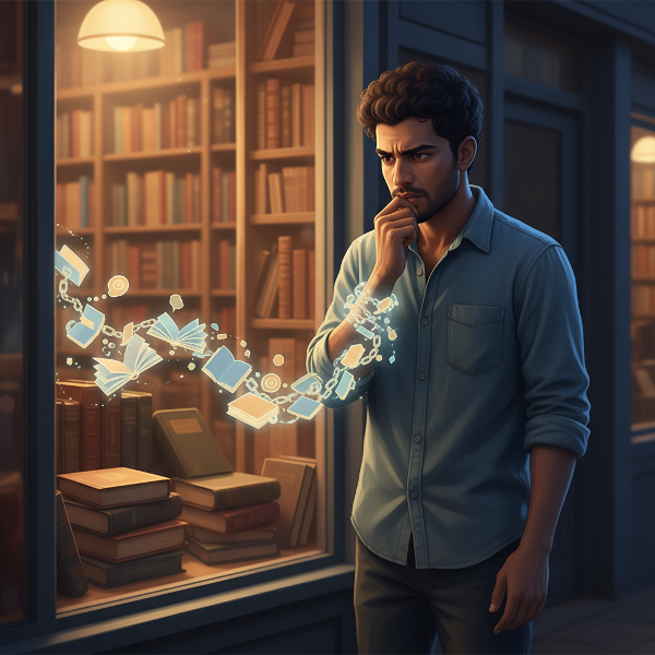 ஒரு இளைஞர் புத்தகக் கடை முன் நின்று, புத்தகங்களில் இருந்து வரும் ஒரு கட்டாய உந்துதலால் உள்ளார்ந்த போராட்டத்தை அனுபவிக்கிறார்.