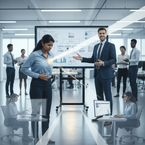 ஒரு பெண் பணியாளர் தனது திட்டத்திற்கான அங்கீகாரத்தை மேலாளரால் கைப்பற்றப்படுவதையும், அதனால் ஏற்படும் உடல் மன அழுத்தத்தையும் சித்தரிக்கும் படம். அவள் எதிர்கொள்ளும் இரண்டு வழிகள் - அமைப்புக்குள் போராடுவது அல்லது புதிய வாய்ப்புகளைத் தேடுவது - காட்சியில் காணப்படுகின்றன.