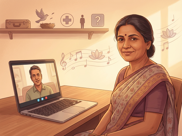 ஒளி என்ற உளவியலாளர், ஆன்லைன் மூலம் நடுத்தர வயது நபர்களுக்கு ஆதரவளிக்கிறார். பல்வேறு வாழ்க்கை சவால்களைக் குறிக்கும் சின்னங்கள் பின்னணியில் உள்ளன. இசை சிகிச்சை மற்றும் மனநல நுட்பங்களின் குறியீடுகளுடன் அமைதியான மற்றும் நம்பிக்கை நிறைந்த காட்சி.