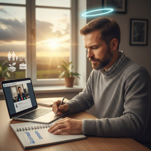 ஒரு மென்மையான 41 வயது ஆண், தனது புதிய ஆன்லைன் உளவியல் வணிகத்தின் முன்னால் அமர்ந்து, மனச்சோர்வு மற்றும் பொறுப்புகளுக்கிடையே சமநிலையைத் தேடுகிறார். கெஷ்டால்ட் சிகிச்சை மற்றும் தாமதமாக்கல் பற்றிய குறிப்புகள் அவரைச் சுற்றியுள்ளன, அதே நேரத்தில் சாளரத்தின் வழியாக ஒரு புதிய விடியல் காணப்படுகிறது.