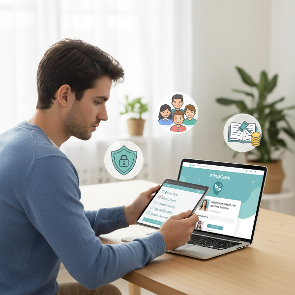 ஒரு இளைஞர் தனது ஆன்லைன் உளவியல் ஆலோசனை வலைத்தளத்தை நிர்வகிப்பதற்கான முக்கிய சவால்களை - நம்பகத்தன்மை, பயனர் ஈர்ப்பு, பாதுகாப்பு, சட்டம், வருமானம் - ஒரு சரிபார்ப்புப் பட்டியல் மூலம் சிந்தித்துப் பார்க்கிறார்.