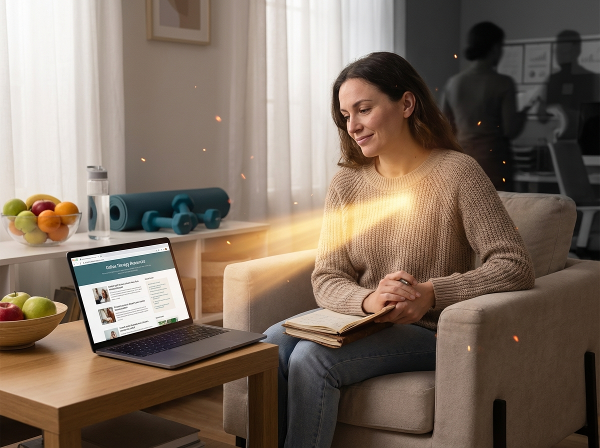 ஒளி உளவியலாளரின் ஆலோசனைப்படி, மீனா ஆன்லைன் சிகிச்சை வளங்களைப் பார்த்துக்கொண்டிருக்கிறாள். ஆரோக்கியமான உணவு, உடற்பயிற்சி கருவிகள், சமூக மற்றும் வேலை அழுத்தத்தின் நிழல்கள் சூழ்ந்திருக்கின்றன. மன-உடல் இணைப்பைக் குறிக்கும் மென்மையான ஒளி, பதிவேடு மற்றும் முன்னேற்றத்தின் சிறிய தீப்பொறிகள் அவளது பயணத்தை வெளிப்படுத்துகின்றன.