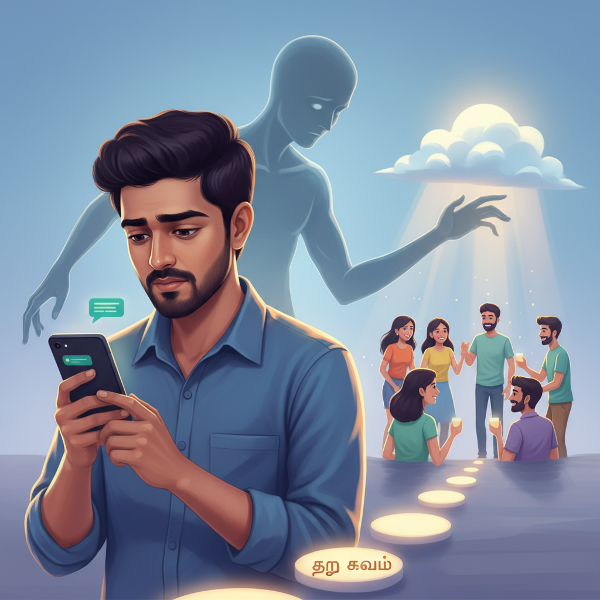 இளைஞர் ஒருவர் சமூக பயத்தை சமாளித்து, சிறிய படிகளில் நண்பர்களை நோக்கி நகர்கிறார். பயத்தின் நிழல் பின்னே, நம்பிக்கையின் வெளிச்சம் முன்னே.